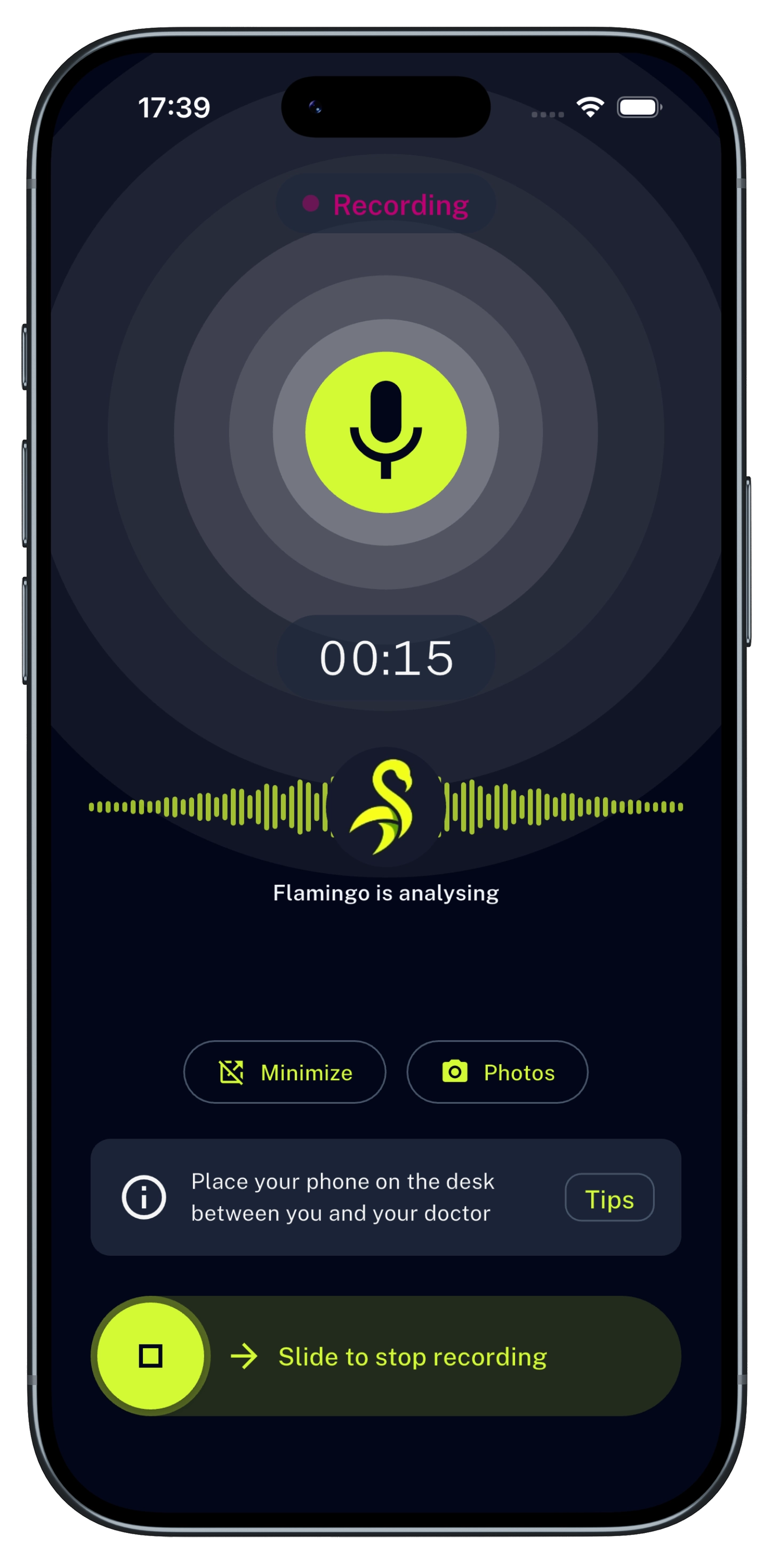 Flamingo app recording screen showing an active consultation recording