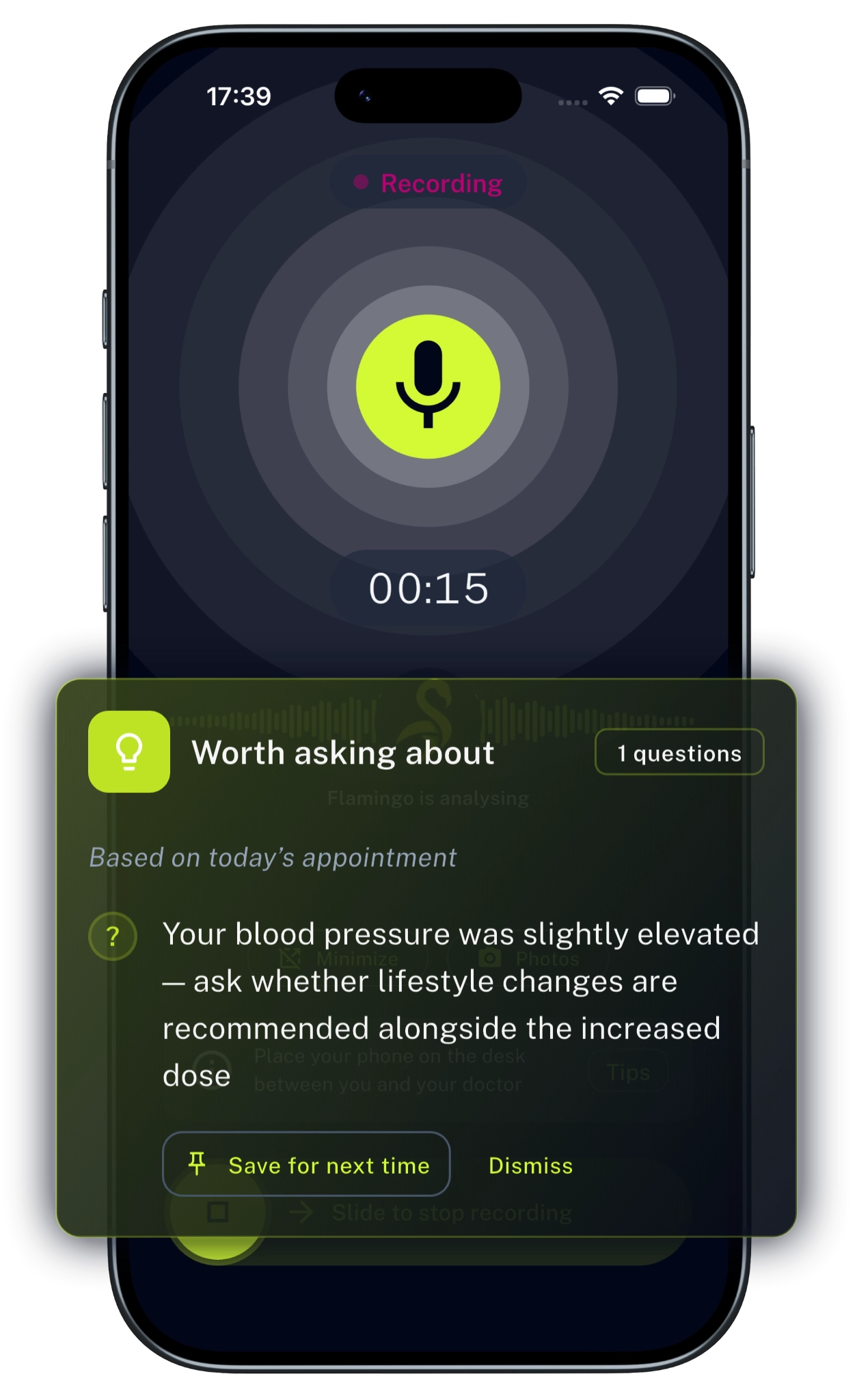 Flamingo app recording screen showing an active consultation recording